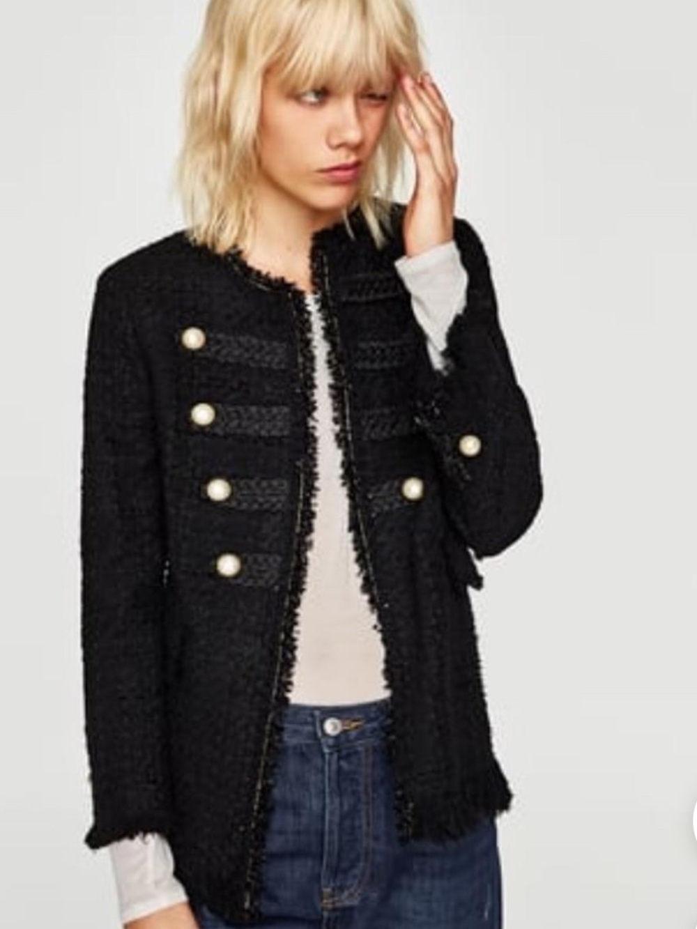 Zara Black Tweed Blazer with Pearl-Effect Buttons size XS